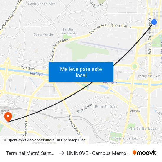 Terminal Metrô Santana to UNINOVE - Campus Memorial map