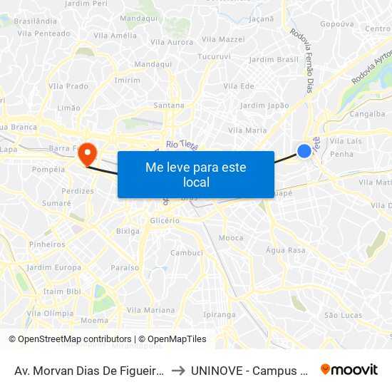 Av. Morvan Dias De Figueiredo, 6900 to UNINOVE - Campus Memorial map