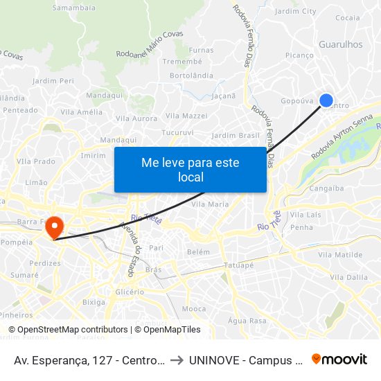 Av. Esperança, 127 - Centro, Guarulhos to UNINOVE - Campus Memorial map