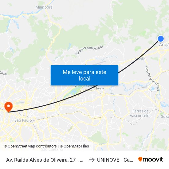 Av. Railda Alves de Oliveira, 27 - Parque Rodrigo Barreto, Arujá to UNINOVE - Campus Memorial map