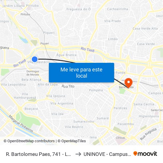 R. Bartolomeu Paes, 741 - Lapa, São Paulo to UNINOVE - Campus Memorial map
