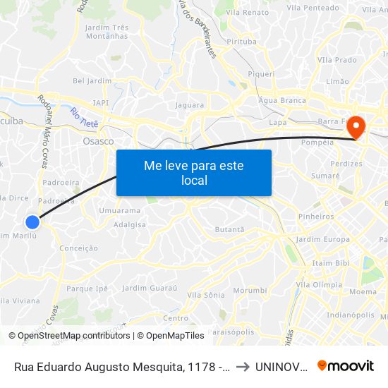 Rua Eduardo Augusto Mesquita, 1178 - Terminal da Linha 181 No Parque Santa Tereza - Jardim Elzinha, Carapicuíba to UNINOVE - Campus Memorial map