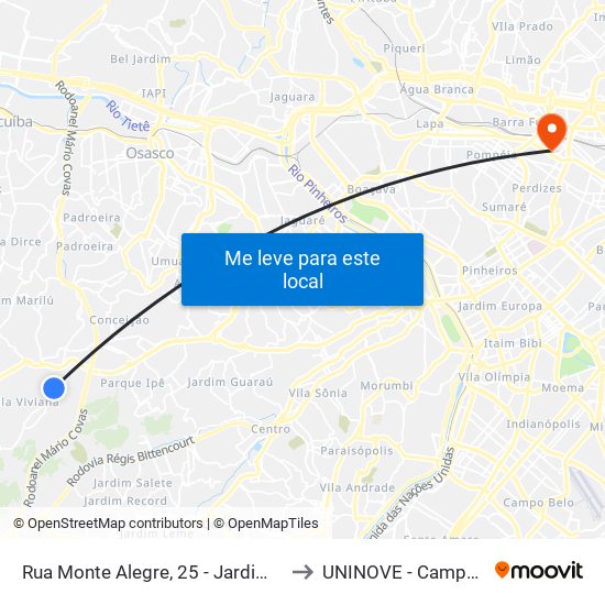 Rua Monte Alegre, 25 - Jardim Barbacena, Cotia to UNINOVE - Campus Memorial map