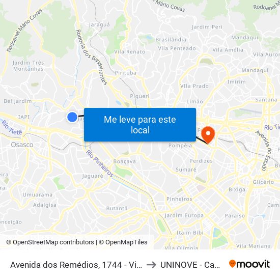 Avenida dos Remédios, 1744 - Vila Santa Edwiges, São Paulo to UNINOVE - Campus Memorial map