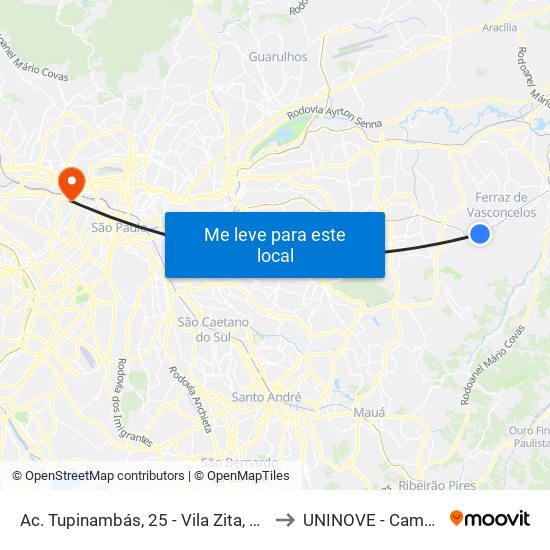 Ac. Tupinambás, 25 - Vila Zita, Ferraz de Vasconcelos to UNINOVE - Campus Memorial map