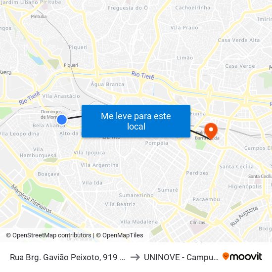 Rua Brg. Gavião Peixoto, 919 - Lapa, São Paulo to UNINOVE - Campus Memorial map