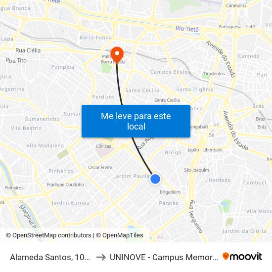 Alameda Santos, 1039 to UNINOVE - Campus Memorial map