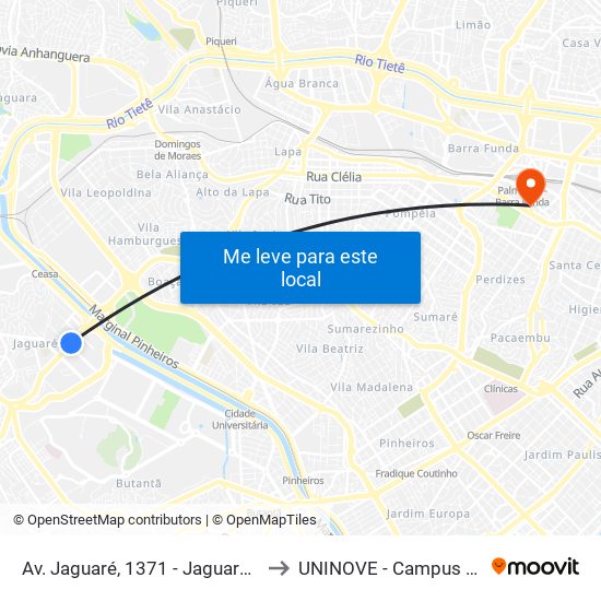 Av. Jaguaré, 1371 - Jaguaré, São Paulo to UNINOVE - Campus Memorial map