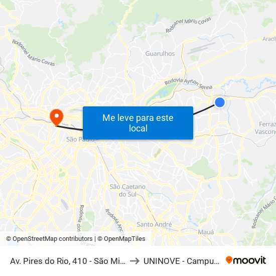 Av. Pires do Rio, 410 - São Miguel, São Paulo to UNINOVE - Campus Memorial map