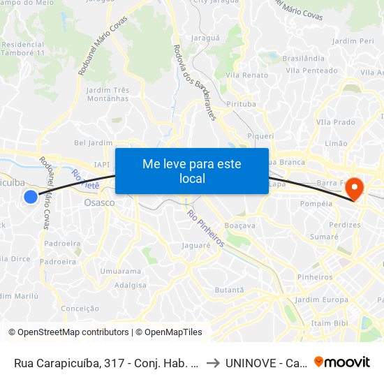 Rua Carapicuíba, 317 - Conj. Hab. Pres. Castelo Branco, Carapicuíba to UNINOVE - Campus Memorial map