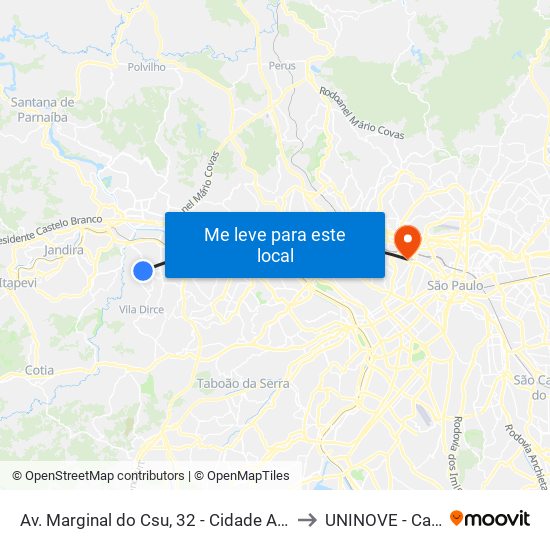 Av. Marginal do Csu, 32 - Cidade Ariston Estela Azevedo, Carapicuíba to UNINOVE - Campus Memorial map