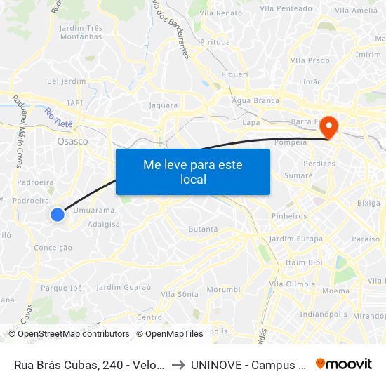 Rua Brás Cubas, 240 - Veloso, Osasco to UNINOVE - Campus Memorial map