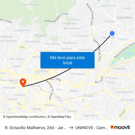 R. Octacílio Malheiros, 266 - Jardim Dourado, Guarulhos to UNINOVE - Campus Memorial map