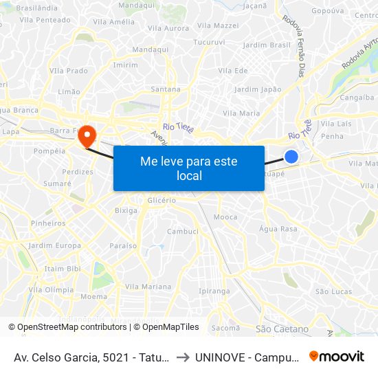 Av. Celso Garcia, 5021 - Tatuapé, São Paulo to UNINOVE - Campus Memorial map