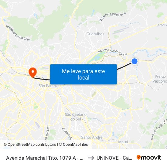 Avenida Marechal Tito, 1079 A - São Miguel Paulista, São Paulo to UNINOVE - Campus Memorial map