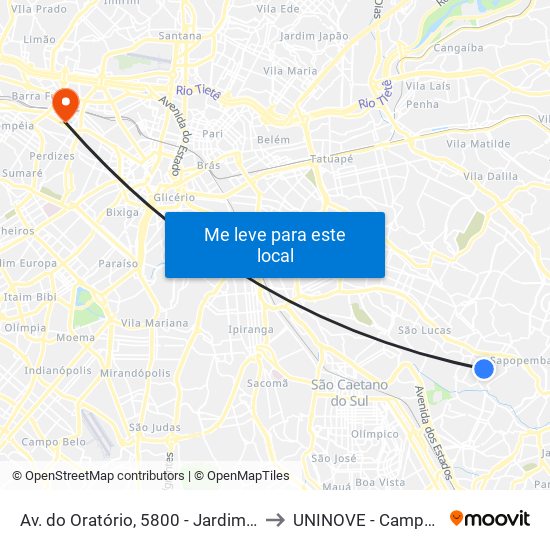 Av. do Oratório, 5800 - Jardim Mimar, São Paulo to UNINOVE - Campus Memorial map