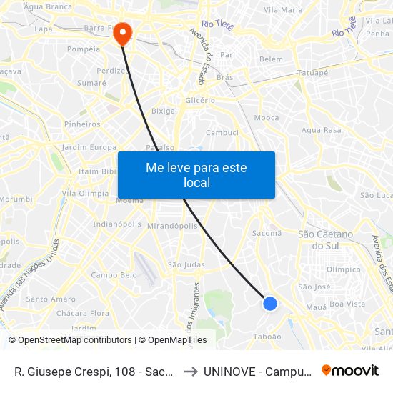 R. Giusepe Crespi, 108 - Sacoma, São Paulo to UNINOVE - Campus Memorial map