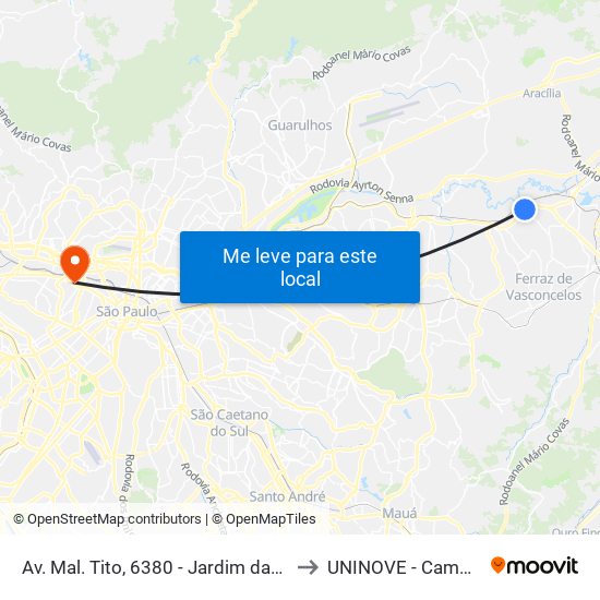 Av. Mal. Tito, 6380 - Jardim das Oliveiras, São Paulo to UNINOVE - Campus Memorial map