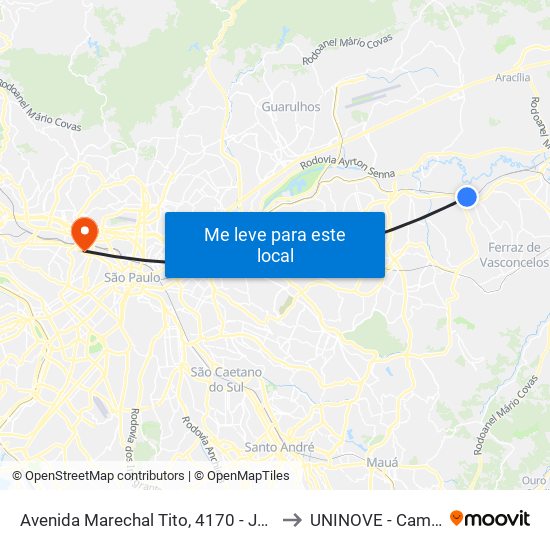 Avenida Marechal Tito, 4170 - Jardim Miragaia, São Paulo to UNINOVE - Campus Memorial map