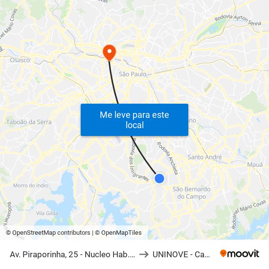 Av. Piraporinha, 25 - Nucleo Hab. Nova Conquista, Diadema to UNINOVE - Campus Memorial map