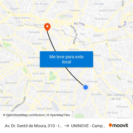 Av. Dr. Gentil de Moura, 310 - Ipiranga, São Paulo to UNINOVE - Campus Memorial map