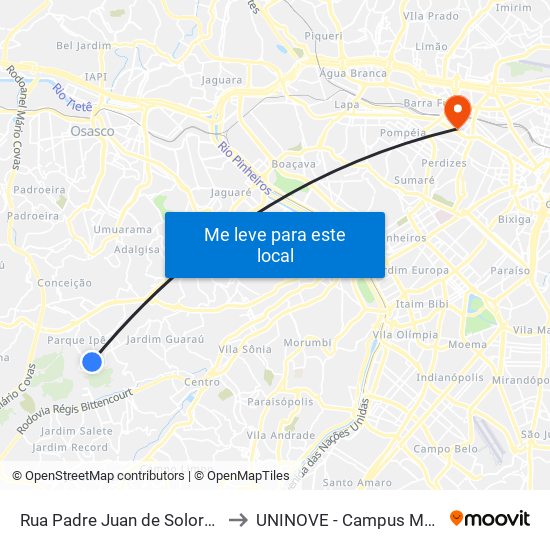 Rua Padre Juan de Solorzano 99 to UNINOVE - Campus Memorial map