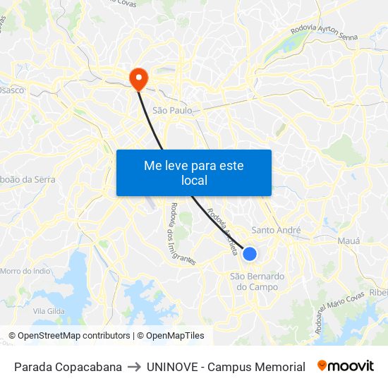 Parada Copacabana to UNINOVE - Campus Memorial map