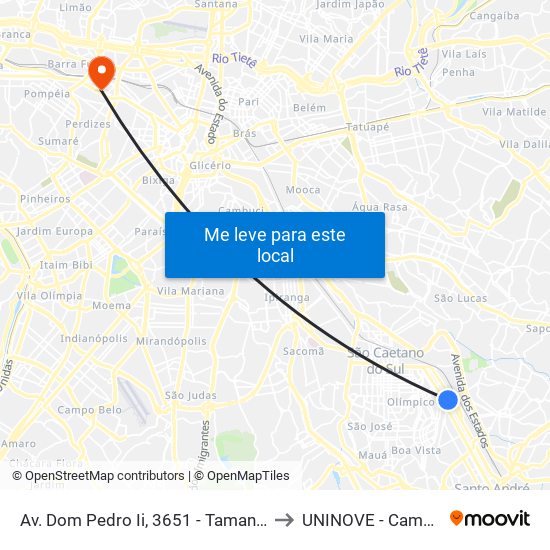 Av. Dom Pedro Ii, 3651 - Tamanduateí 1, Santo André to UNINOVE - Campus Memorial map