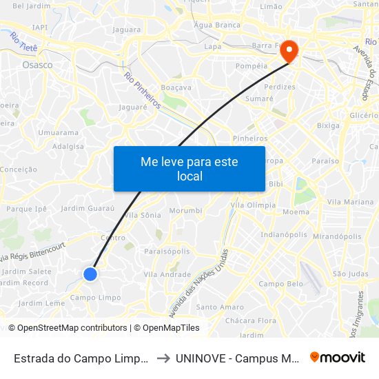 Estrada do Campo Limpo, 4426 to UNINOVE - Campus Memorial map