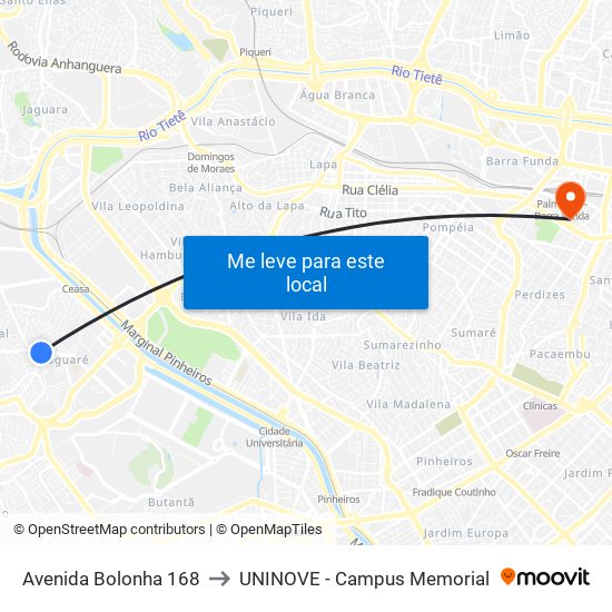 Avenida Bolonha 168 to UNINOVE - Campus Memorial map