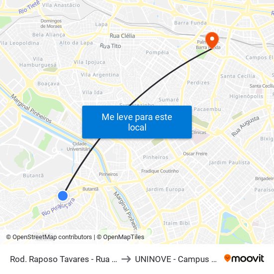 Rod. Raposo Tavares - Rua Esplanada to UNINOVE - Campus Memorial map