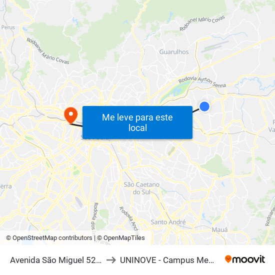 Avenida São Miguel 5263 B to UNINOVE - Campus Memorial map