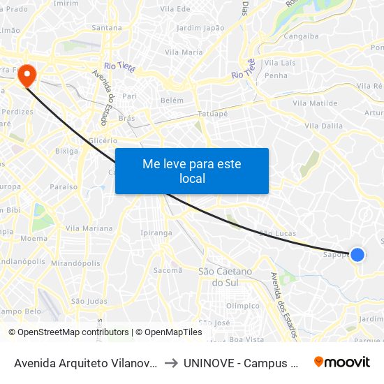 Avenida Arquiteto Vilanova Artigas to UNINOVE - Campus Memorial map