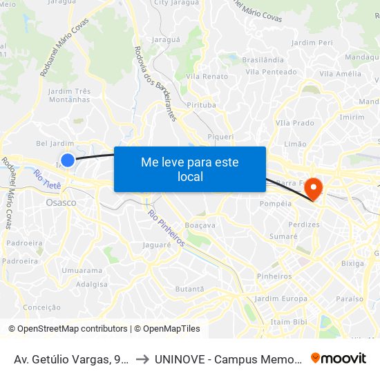 Av. Getúlio Vargas, 919 to UNINOVE - Campus Memorial map