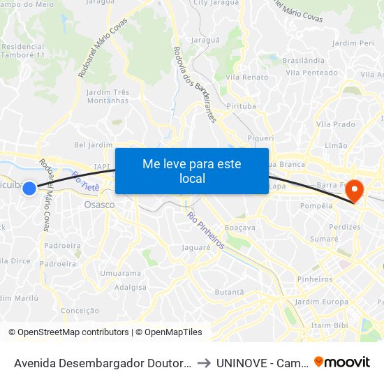 Avenida Desembargador Doutor Eduardo Cunha de Abreu to UNINOVE - Campus Memorial map