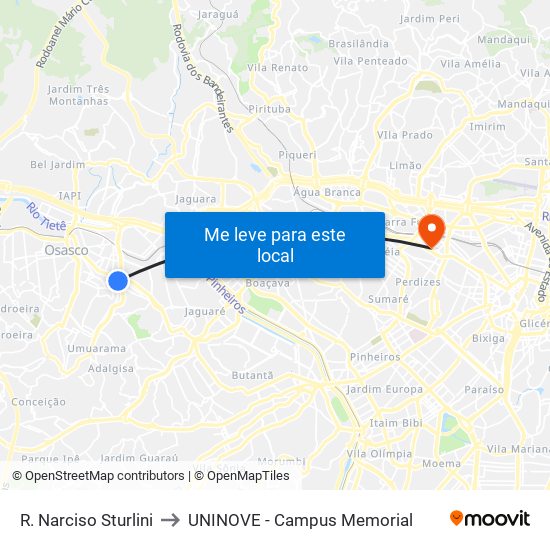 R. Narciso Sturlini to UNINOVE - Campus Memorial map