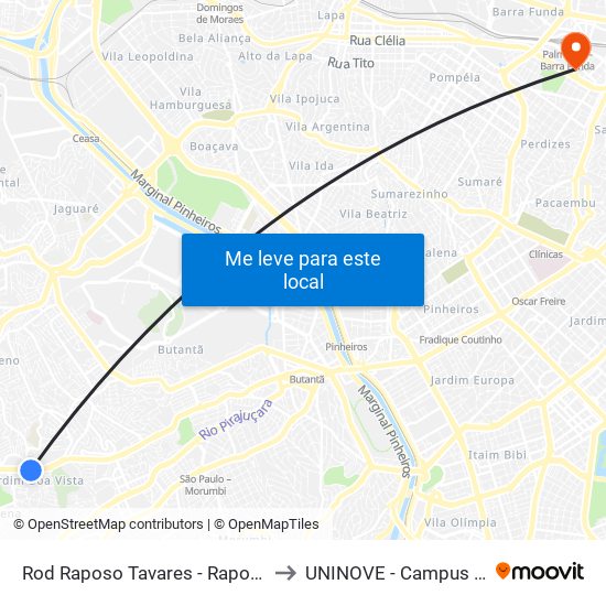 Rod Raposo Tavares - Raposo Shopping to UNINOVE - Campus Memorial map