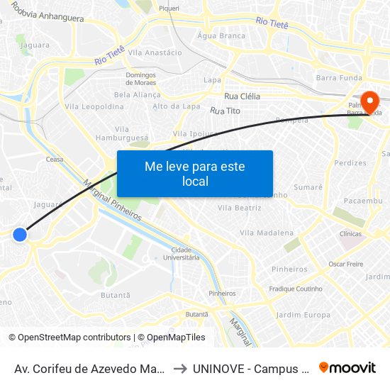 Av. Corifeu de Azevedo Marques 4947 to UNINOVE - Campus Memorial map