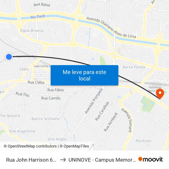 Rua John Harrison 631 to UNINOVE - Campus Memorial map