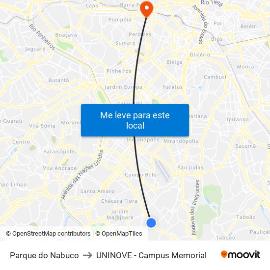 Parque do Nabuco to UNINOVE - Campus Memorial map