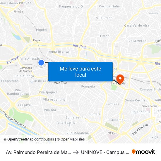 Av. Raimundo Pereira de Magalhães 230 to UNINOVE - Campus Memorial map