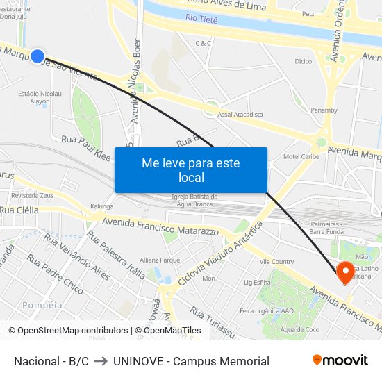 Nacional - B/C to UNINOVE - Campus Memorial map