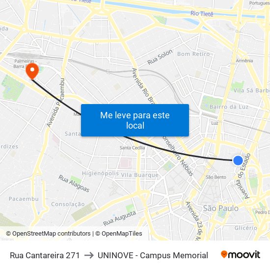 Rua Cantareira 271 to UNINOVE - Campus Memorial map