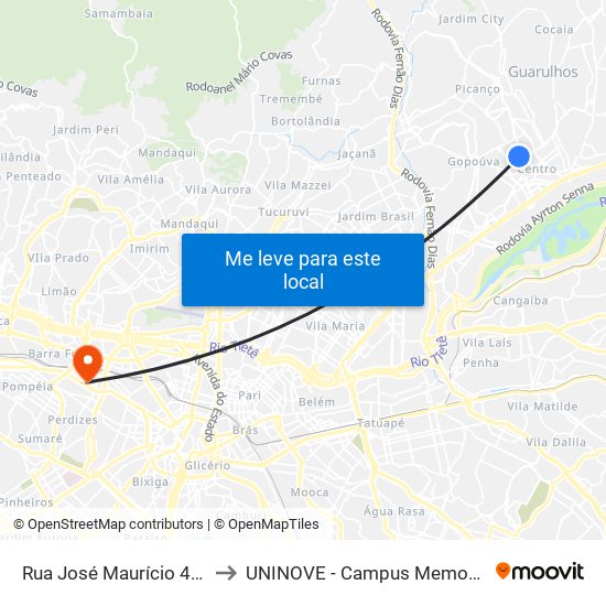 Rua José Maurício 415 to UNINOVE - Campus Memorial map