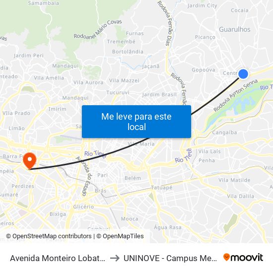 Avenida Monteiro Lobato 803 to UNINOVE - Campus Memorial map