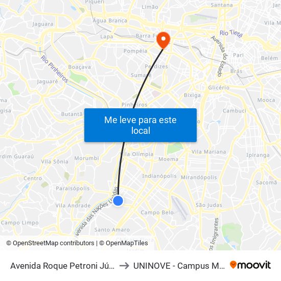 Avenida Roque Petroni Júnior 998 to UNINOVE - Campus Memorial map