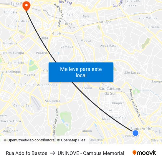 Rua Adolfo Bastos to UNINOVE - Campus Memorial map