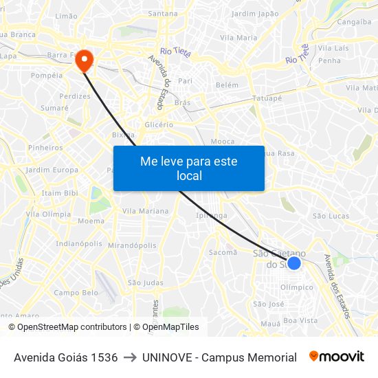 Avenida Goiás 1536 to UNINOVE - Campus Memorial map