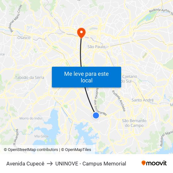 Avenida Cupecê to UNINOVE - Campus Memorial map