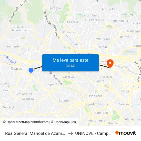 Rua General Manoel de Azambuja Brilhante 456 to UNINOVE - Campus Memorial map